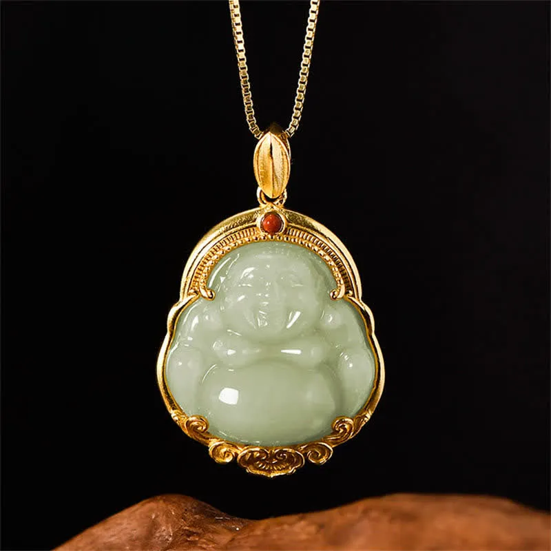 Buddha Stones 925 Sterling Silver Laughing Buddha Natural Hetian Jade Luck Prosperity Necklace Pendant