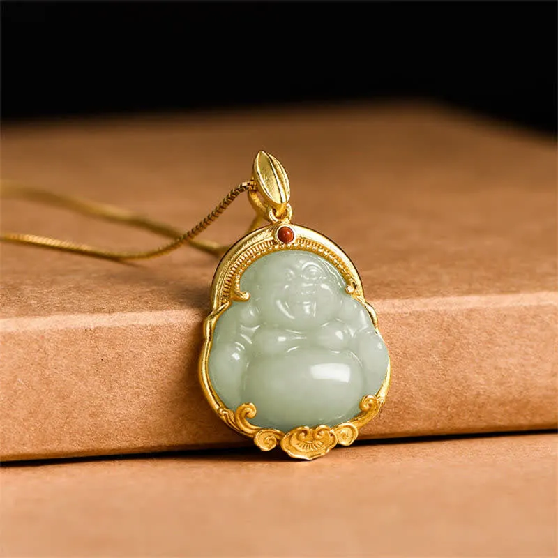 Buddha Stones 925 Sterling Silver Laughing Buddha Natural Hetian Jade Luck Prosperity Necklace Pendant