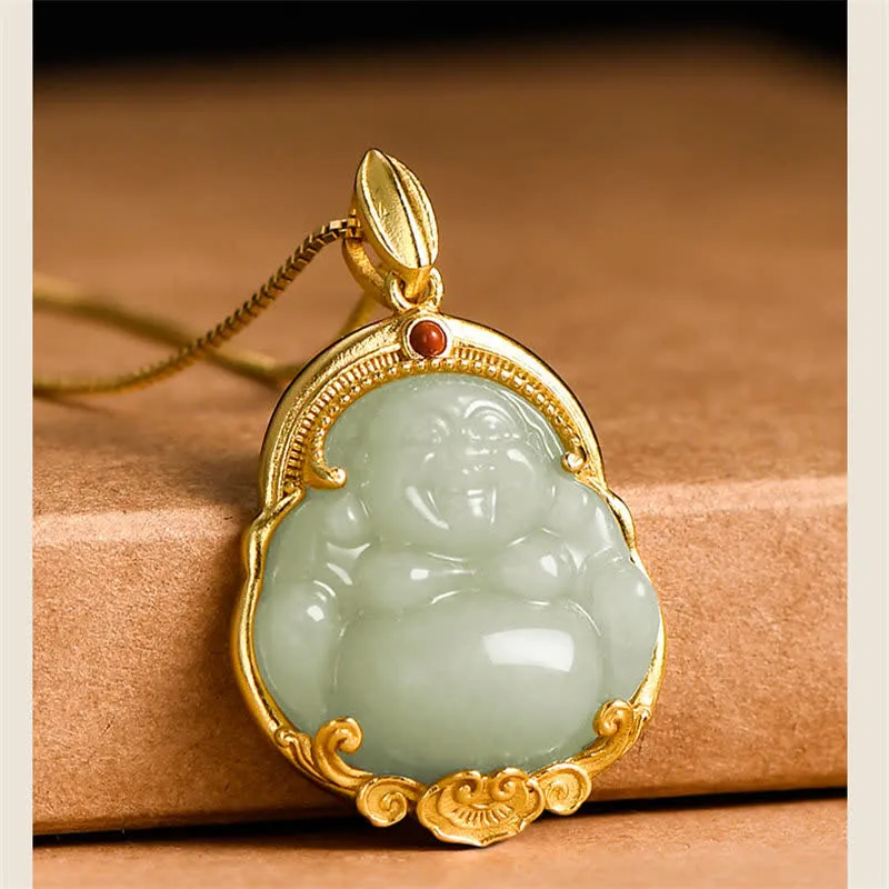 Buddha Stones 925 Sterling Silver Laughing Buddha Natural Hetian Jade Luck Prosperity Necklace Pendant