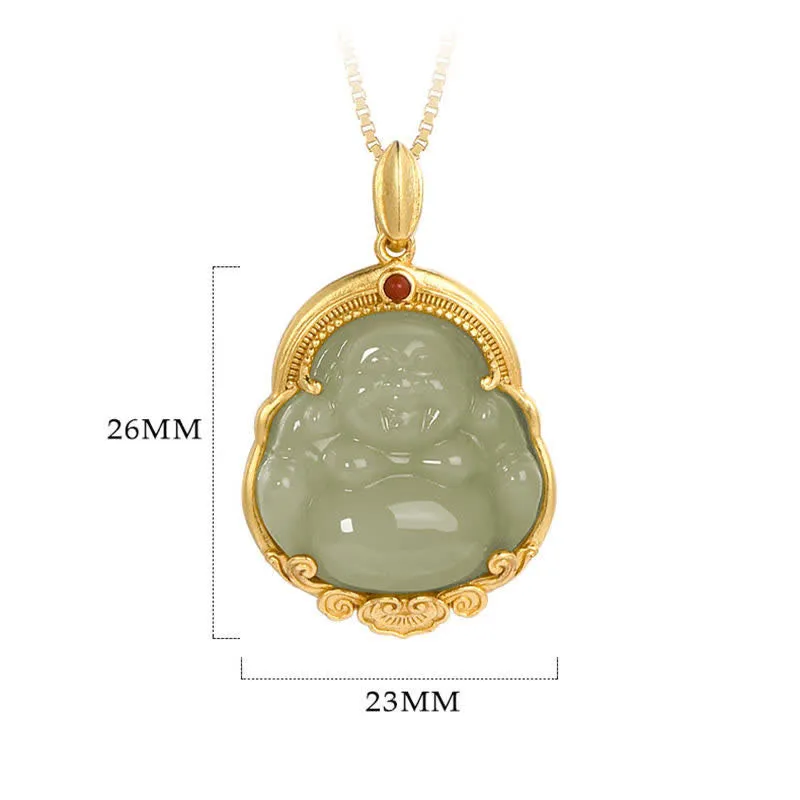 Buddha Stones 925 Sterling Silver Laughing Buddha Natural Hetian Jade Luck Prosperity Necklace Pendant