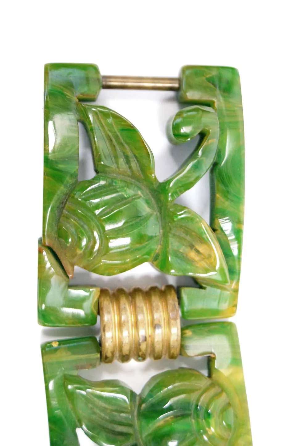 Carved Marbled Jade Bakelite Link Bracelet, 1930s