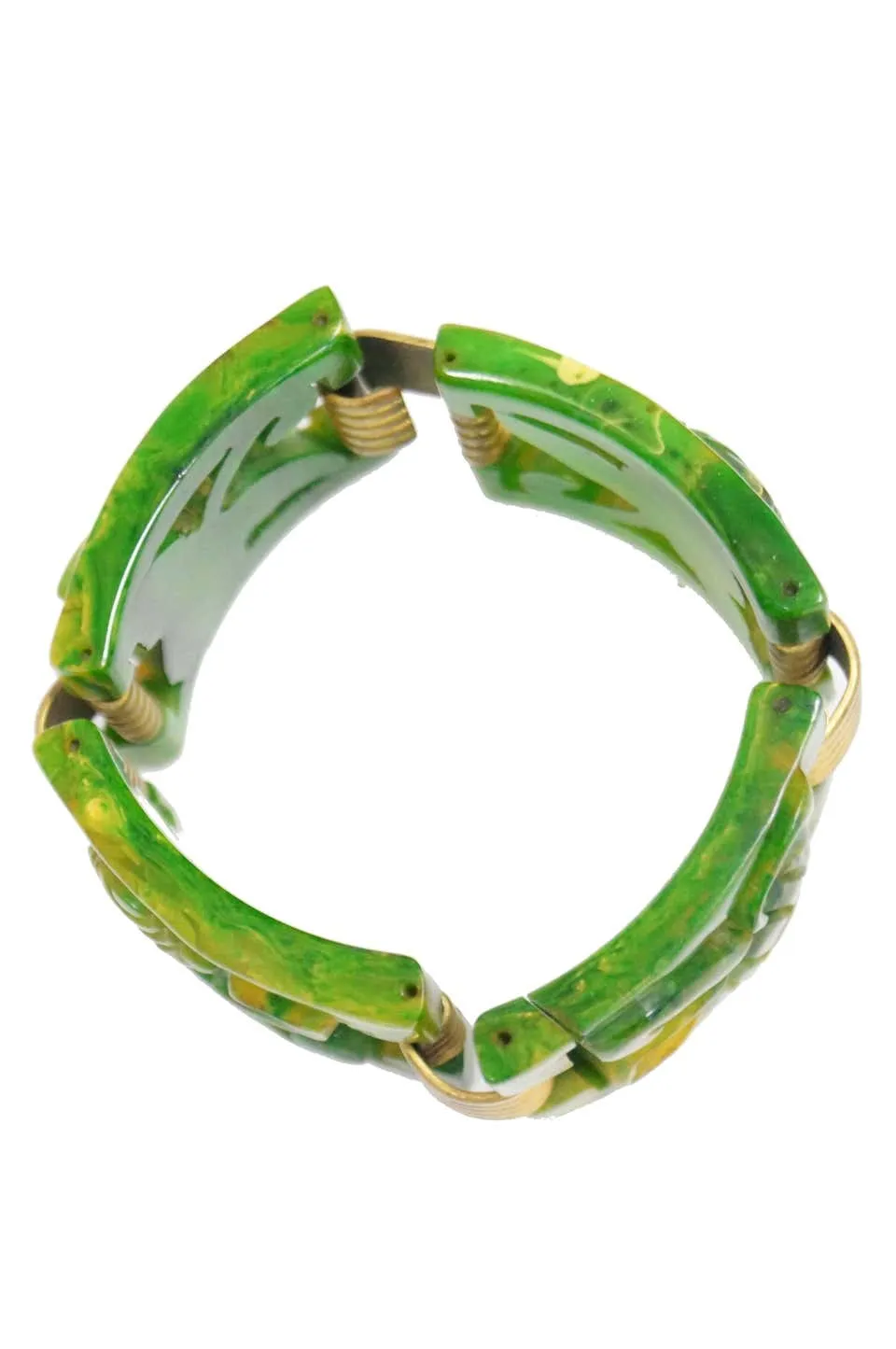 Carved Marbled Jade Bakelite Link Bracelet, 1930s