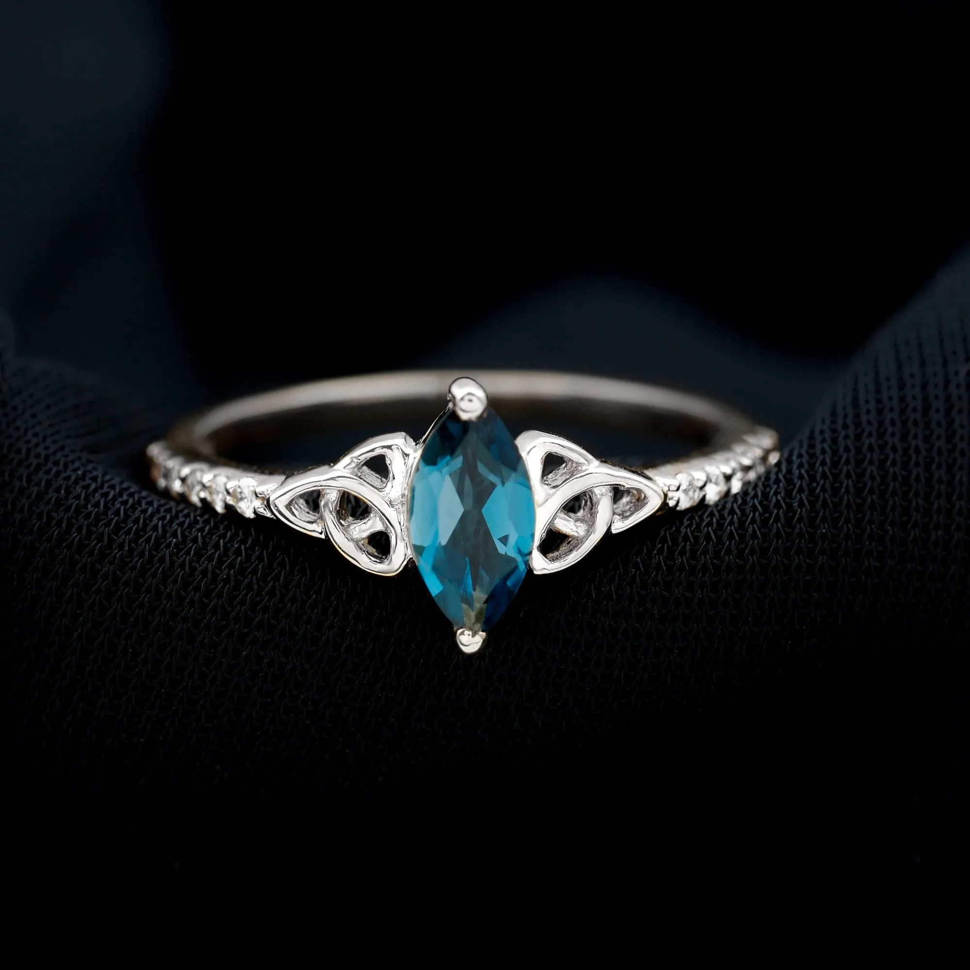 Celtic Knot Marquise Cut London Blue Topaz Ring with Diamond Side Stones