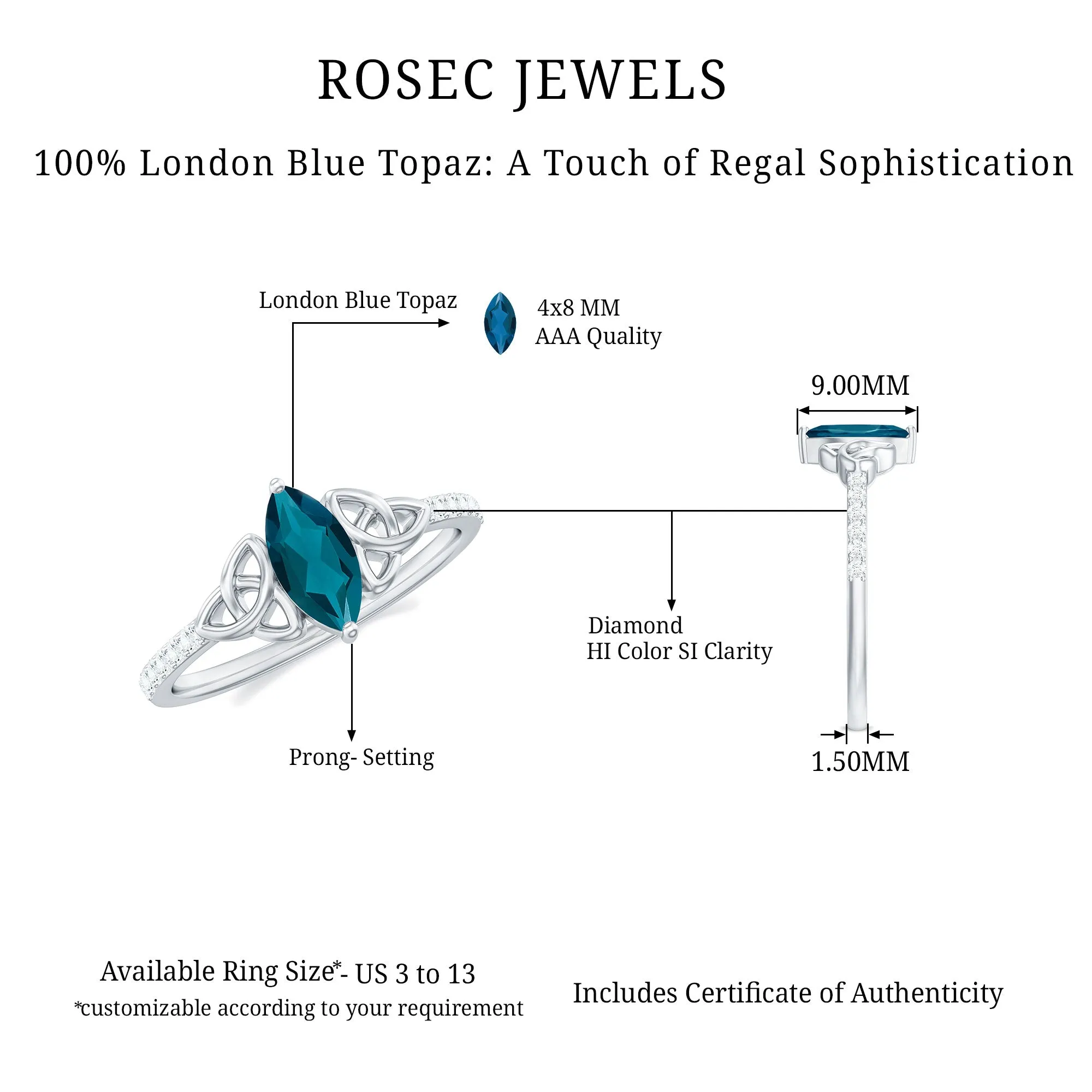 Celtic Knot Marquise Cut London Blue Topaz Ring with Diamond Side Stones