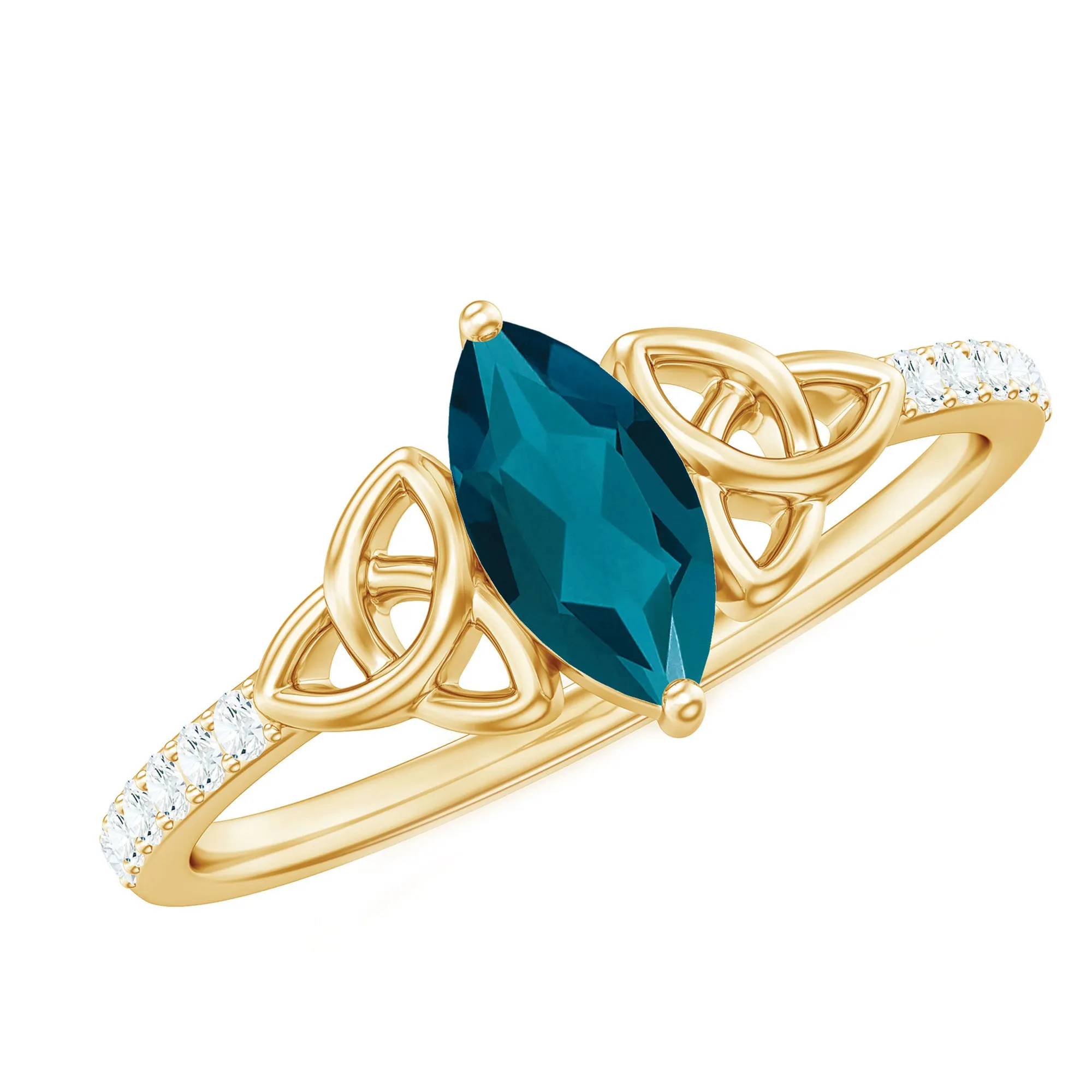 Celtic Knot Marquise Cut London Blue Topaz Ring with Diamond Side Stones