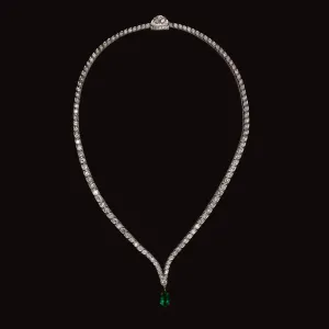 CHATHAM EMERALD 6.75ct NATURAL DIAMOND NECKLACE PLATINUM 39.4 gram RIVIERE DROP