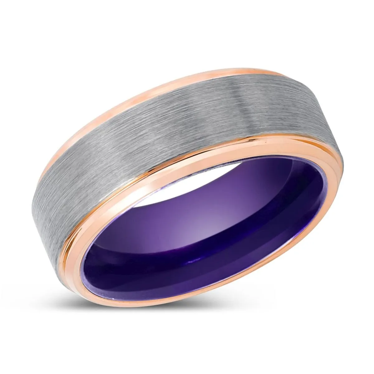 CHIPPER | Purple Ring, Silver Tungsten Ring, Brushed, Rose Gold Stepped Edge