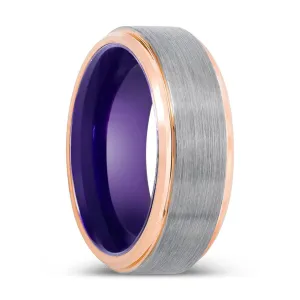 CHIPPER | Purple Ring, Silver Tungsten Ring, Brushed, Rose Gold Stepped Edge