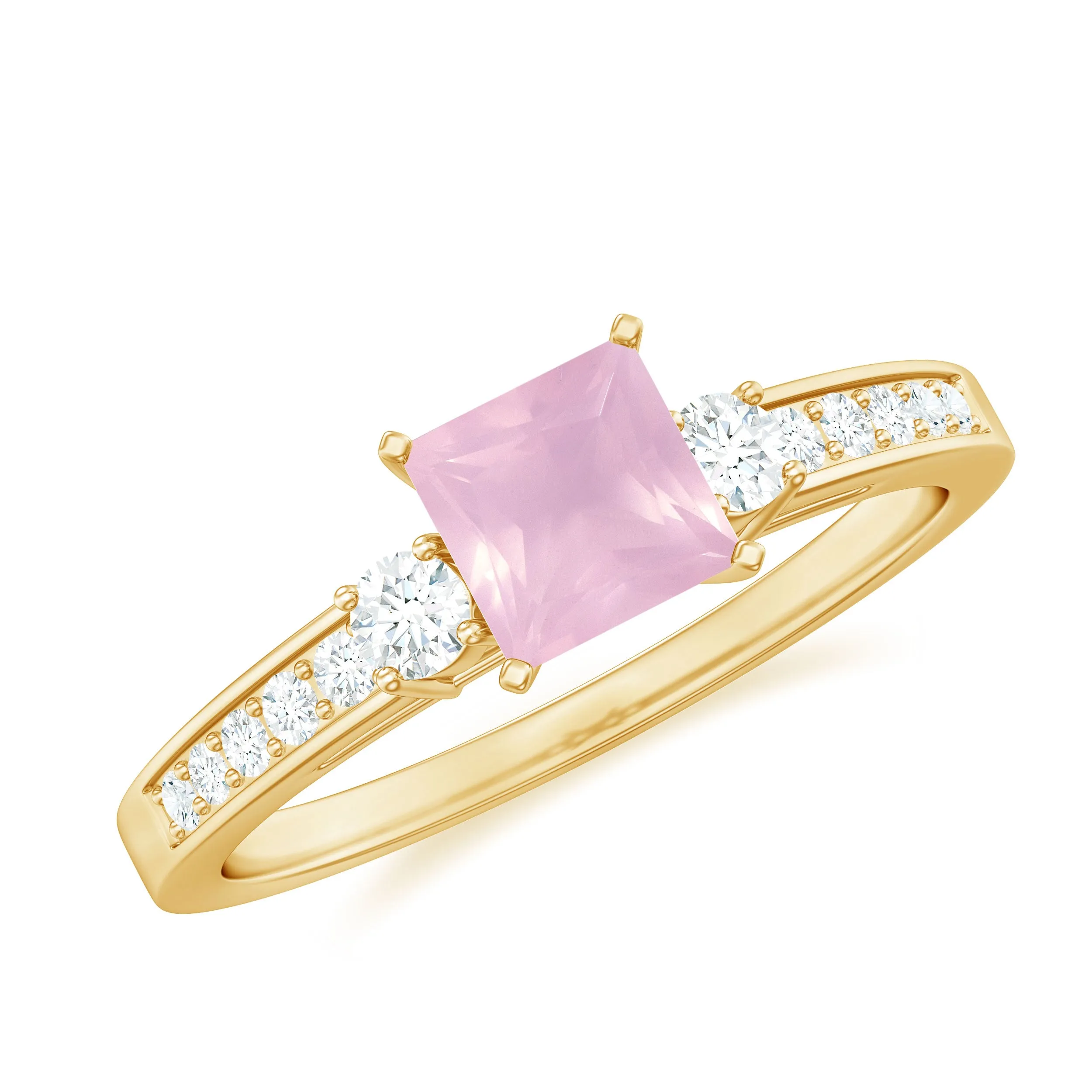 Classic Princess Cut Rose Quartz and Diamond Engagement Ring