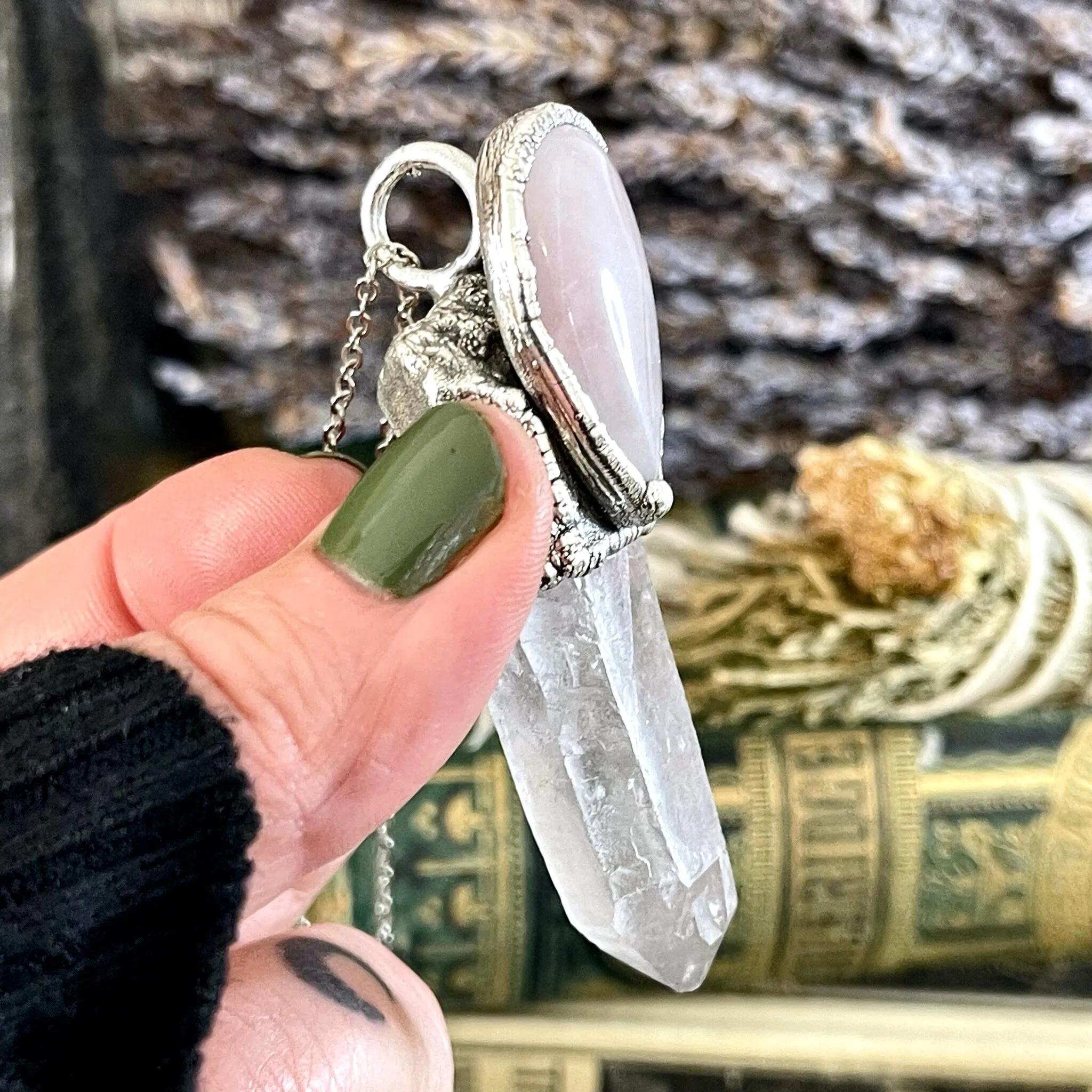 Clear Quartz & Rose Quartz Crystal Statement Necklace in Fine Silver / Foxlark Collection - One of a Kind