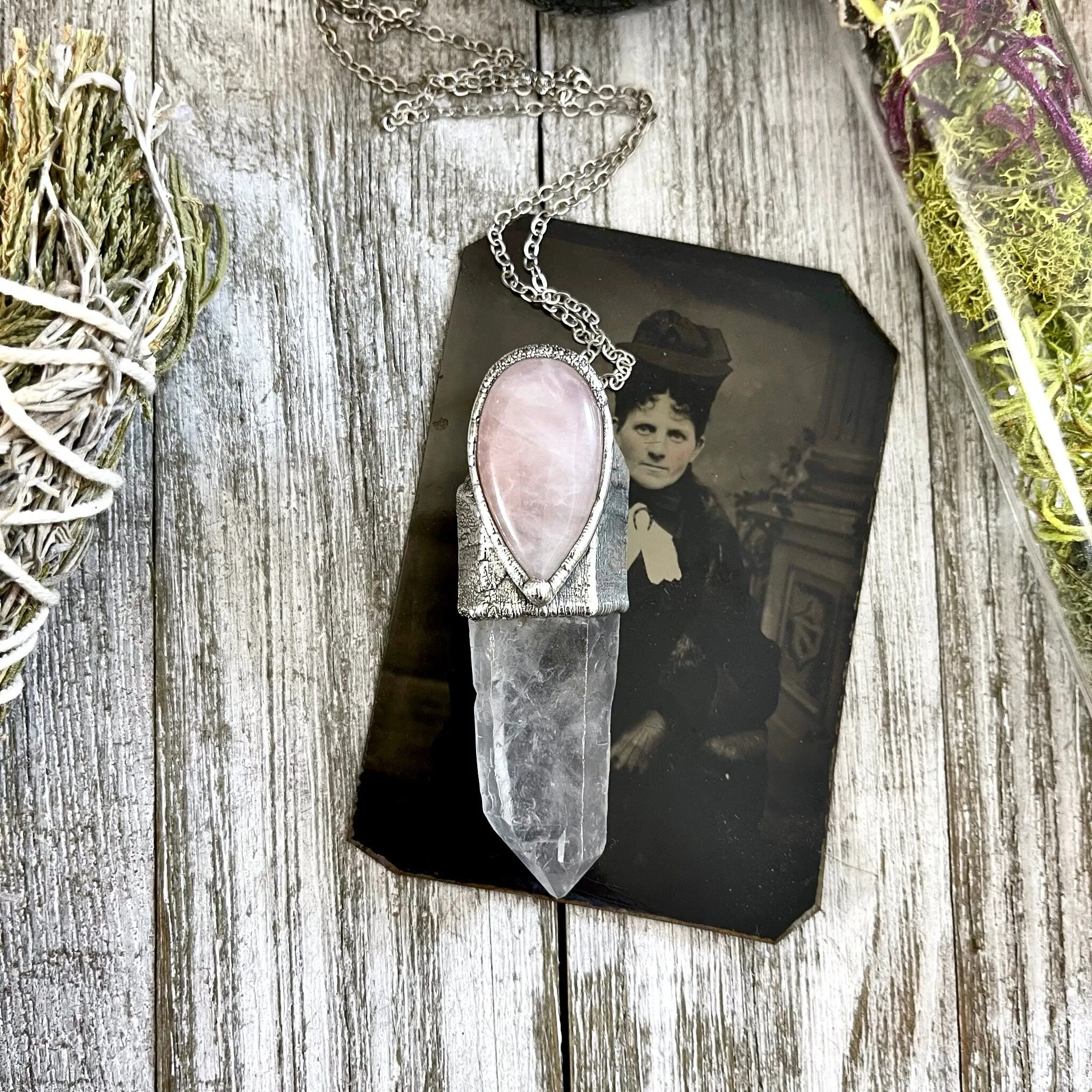 Clear Quartz & Rose Quartz Crystal Statement Necklace in Fine Silver / Foxlark Collection - One of a Kind