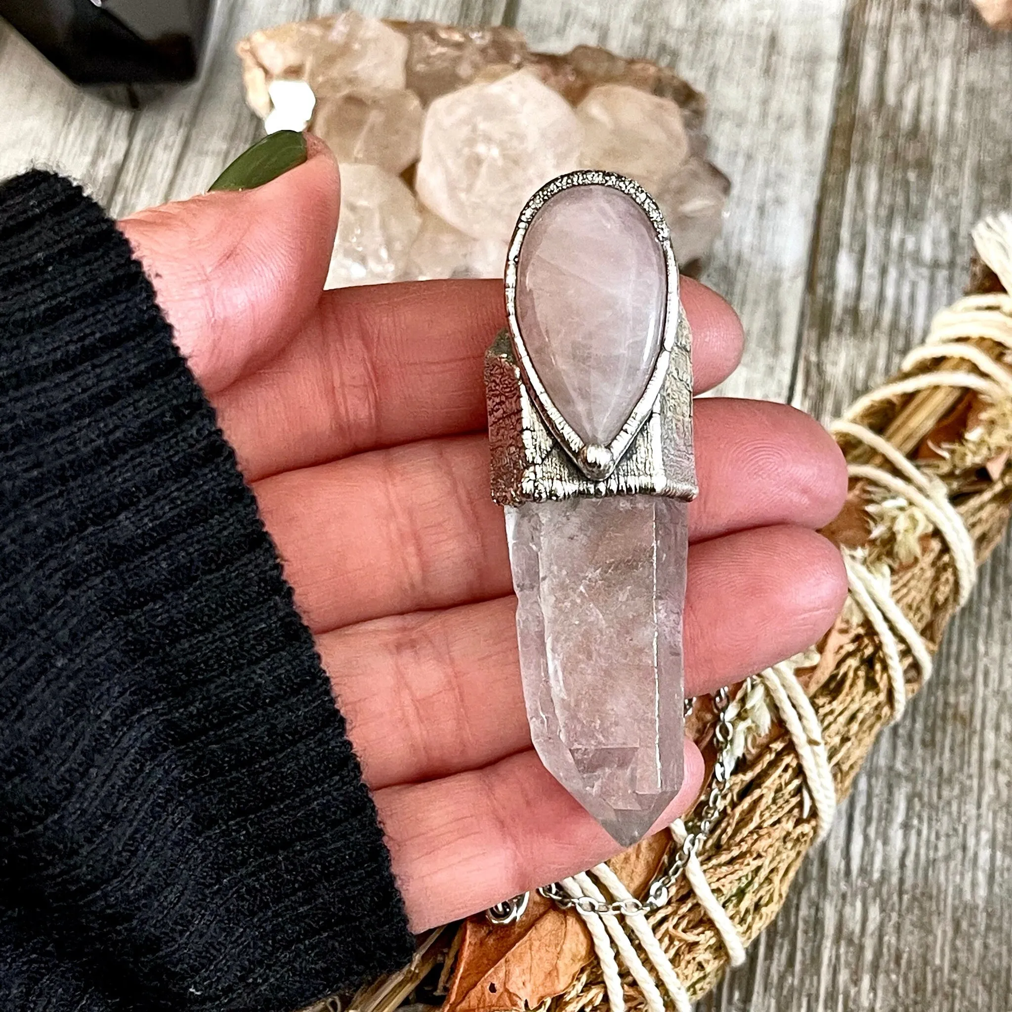 Clear Quartz & Rose Quartz Crystal Statement Necklace in Fine Silver / Foxlark Collection - One of a Kind