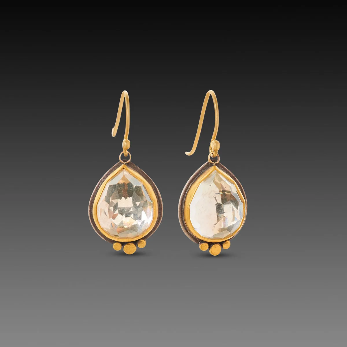 Clear Topaz Teardrop Earrings with 22k Gold Dots