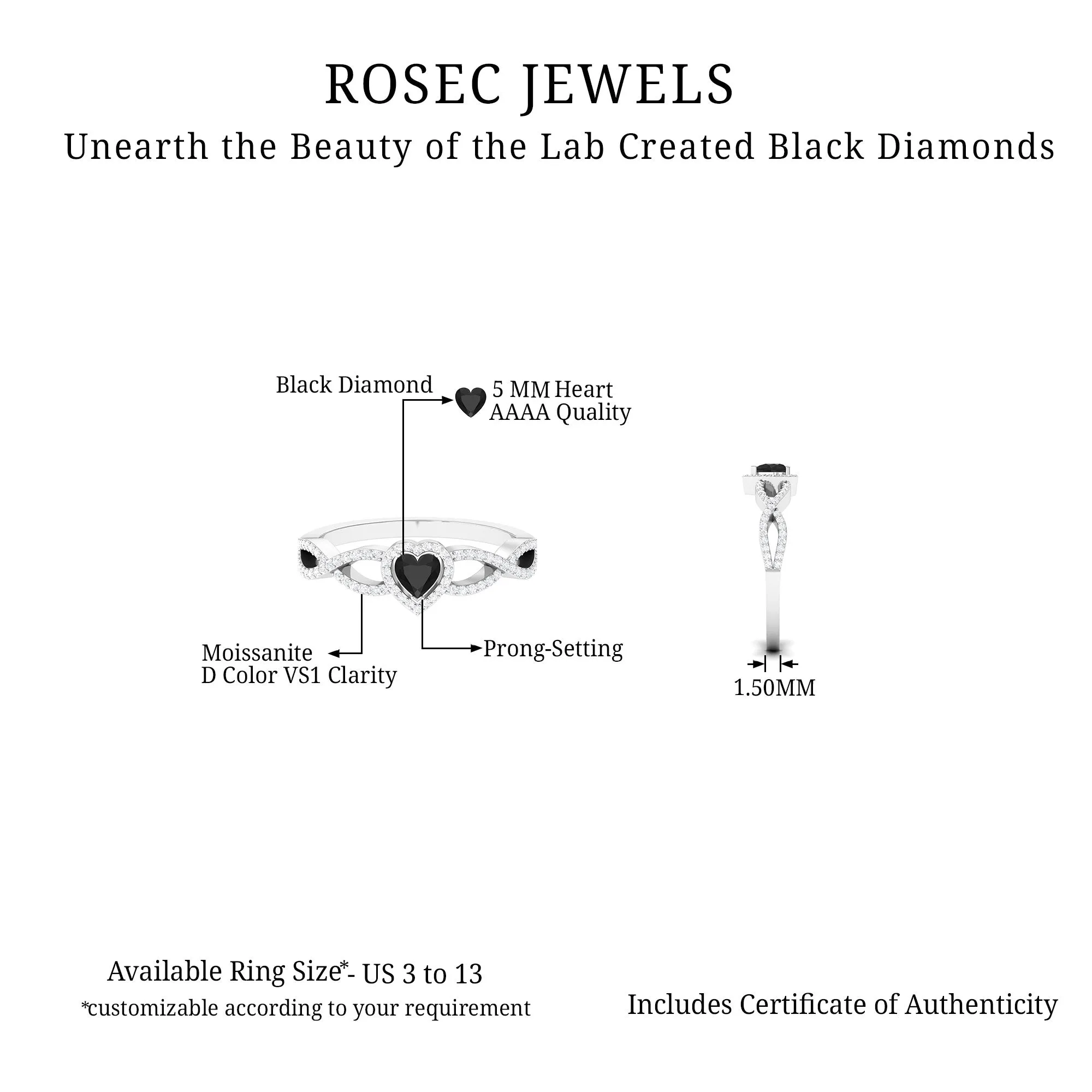 Created Black Diamond Engagement Ring with Moissanite Crossover Shank