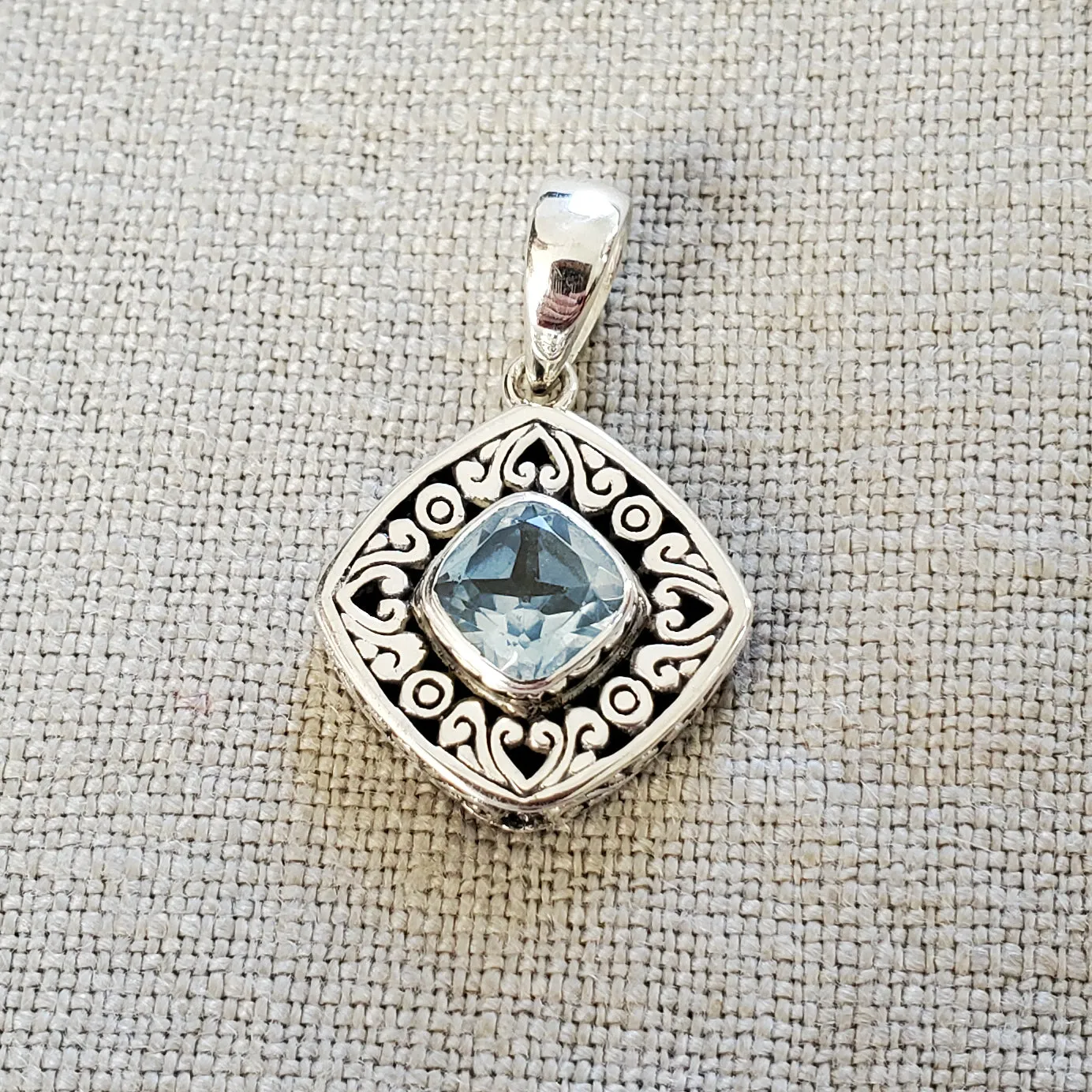 Cushion Cut Blue Topaz .925 Sterling Silver Pendant from Bali