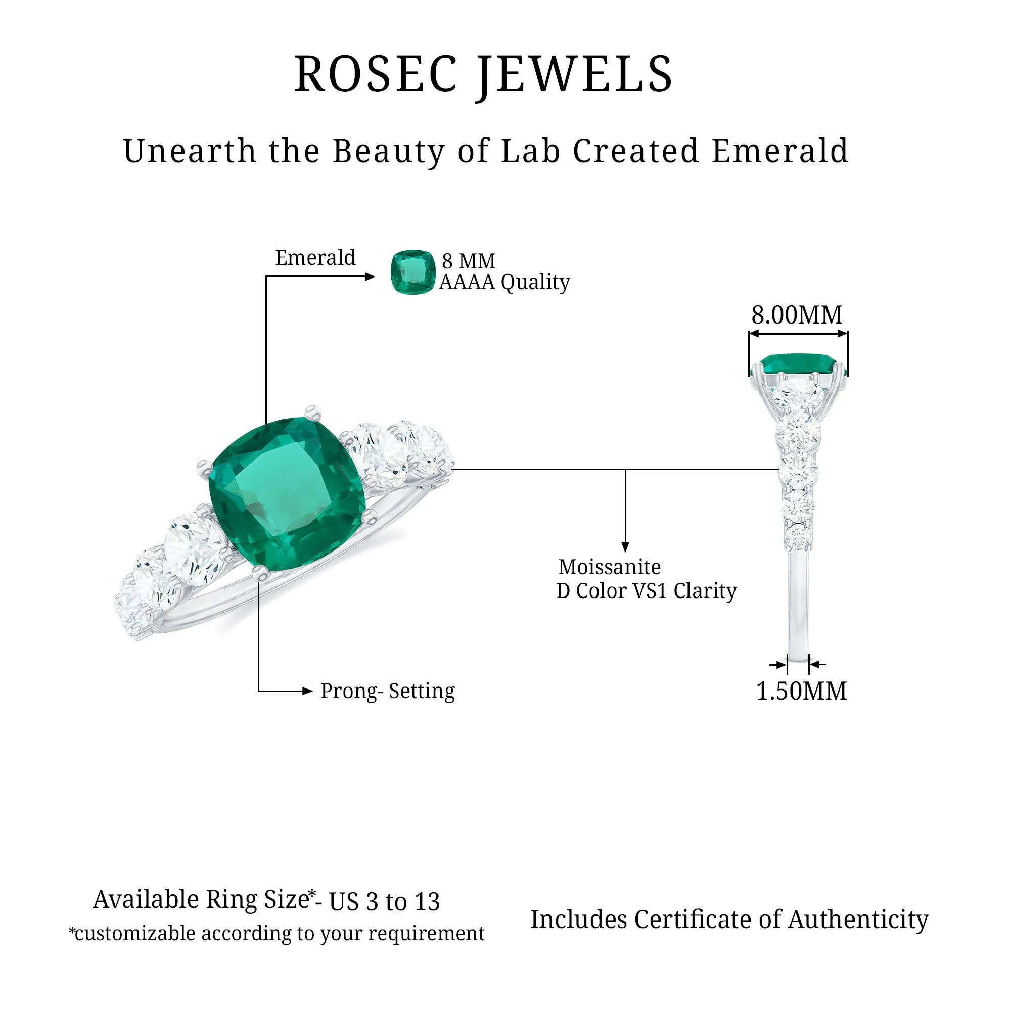 Cushion Cut Created Emerald Solitaire Ring with Moissanite Side Stones