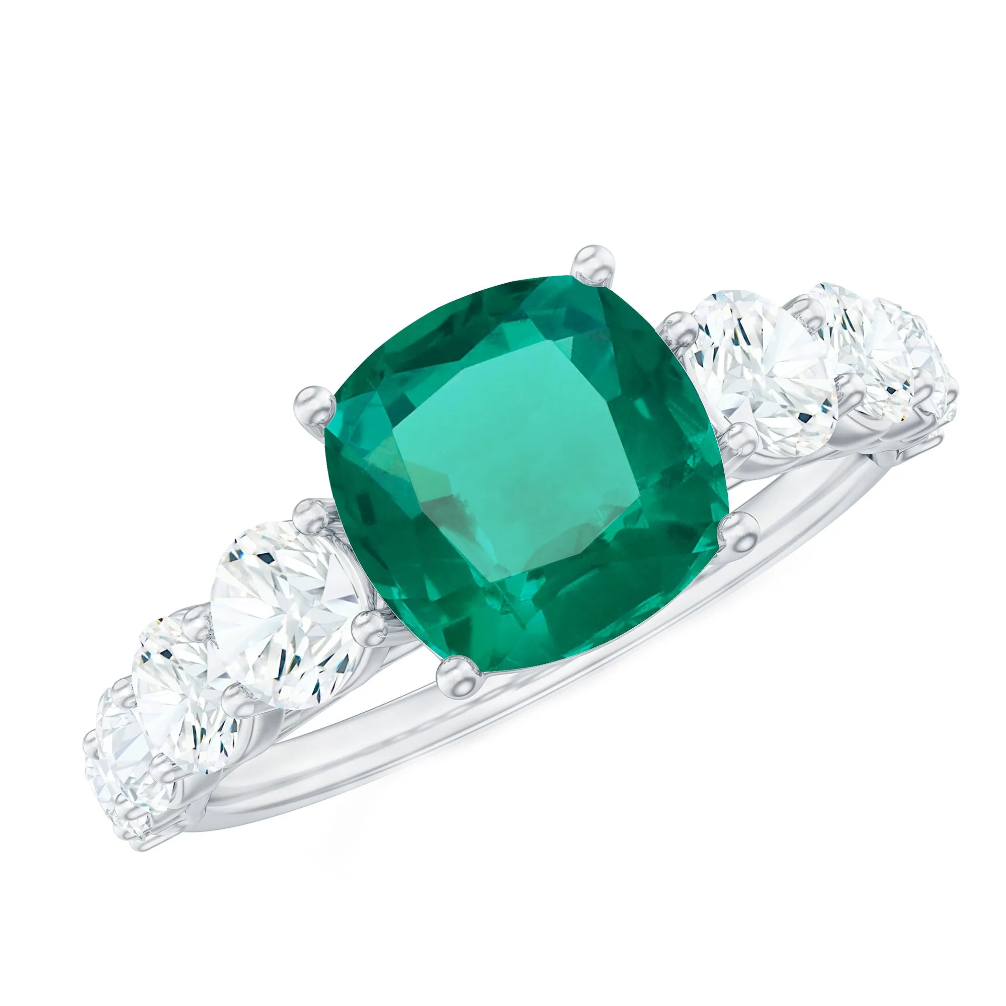 Cushion Cut Created Emerald Solitaire Ring with Moissanite Side Stones