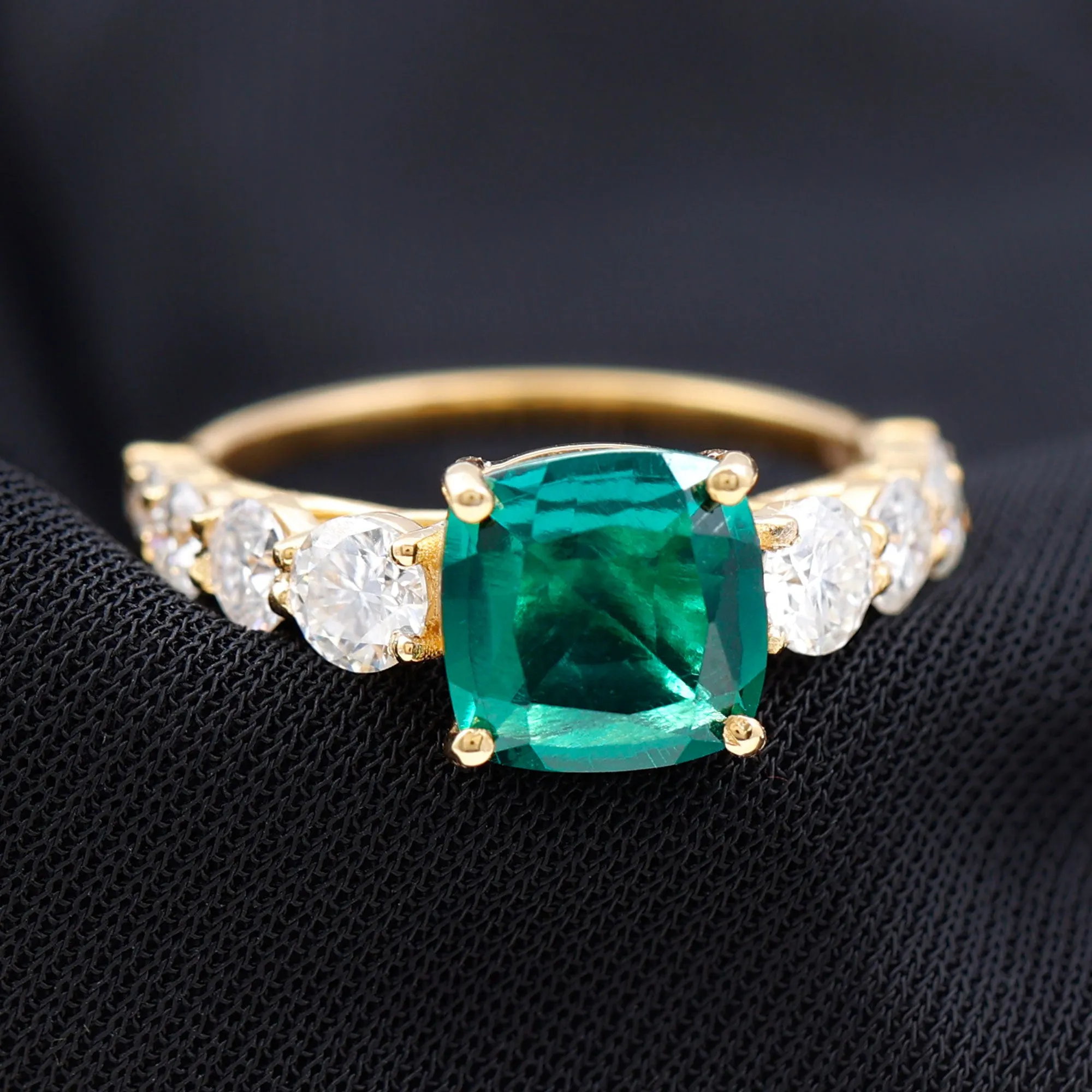 Cushion Cut Created Emerald Solitaire Ring with Moissanite Side Stones