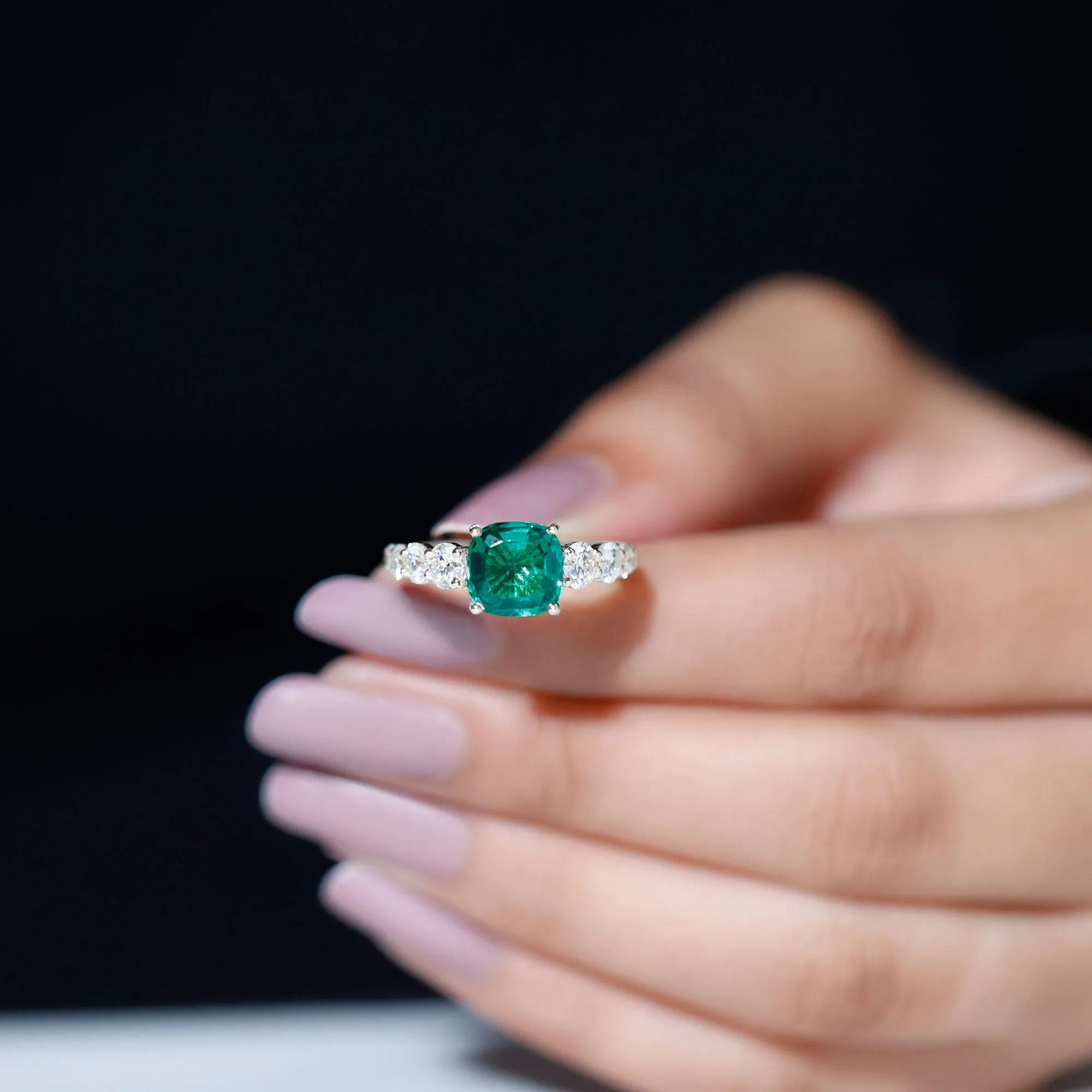 Cushion Cut Created Emerald Solitaire Ring with Moissanite Side Stones