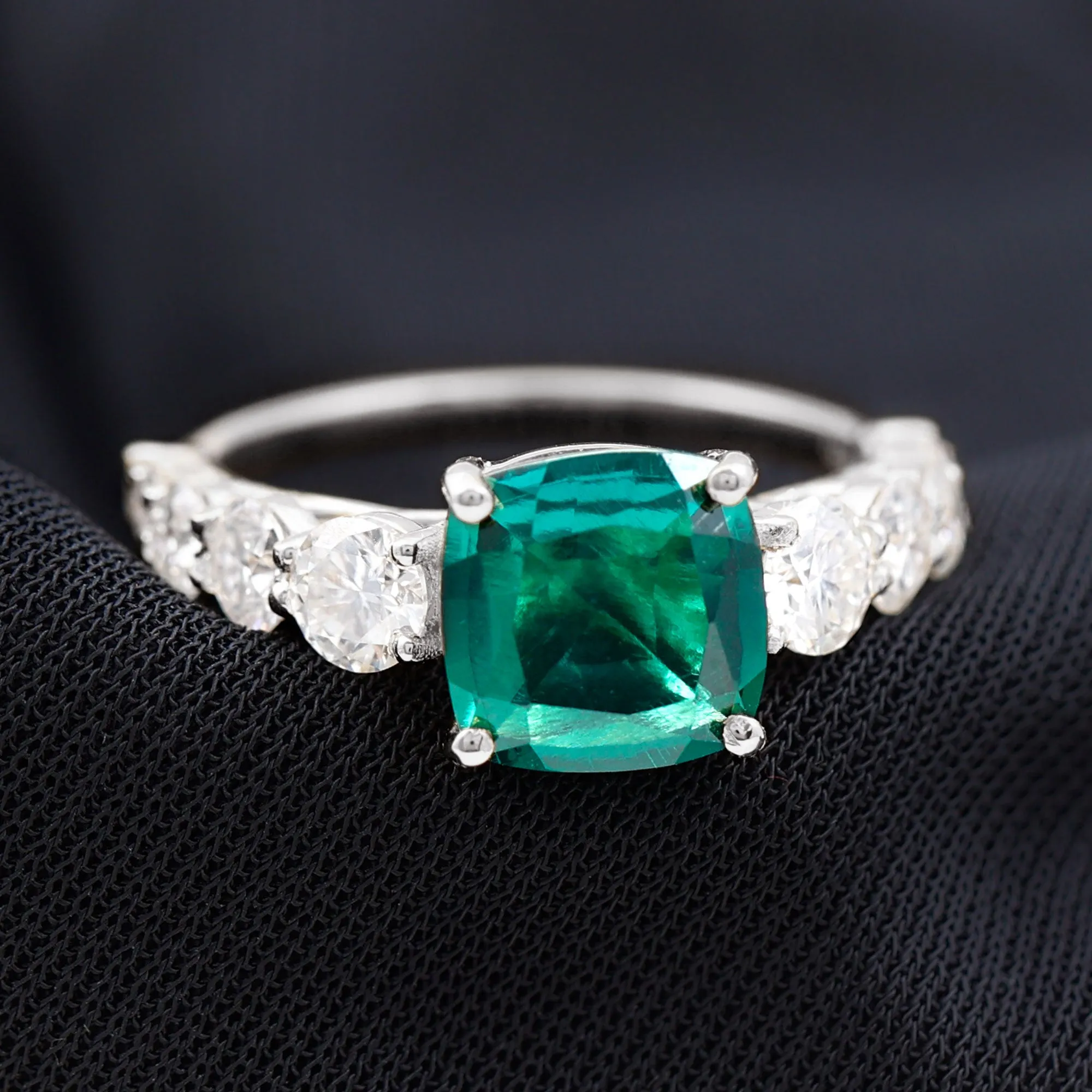 Cushion Cut Created Emerald Solitaire Ring with Moissanite Side Stones