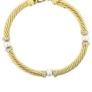 David Yurman 18K Gold 3 Pearl Station Diamond Bracelet