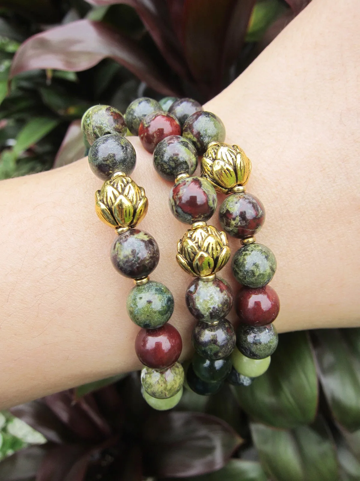 Dragon Bloodstone Lotus Charm Mala Bracelet