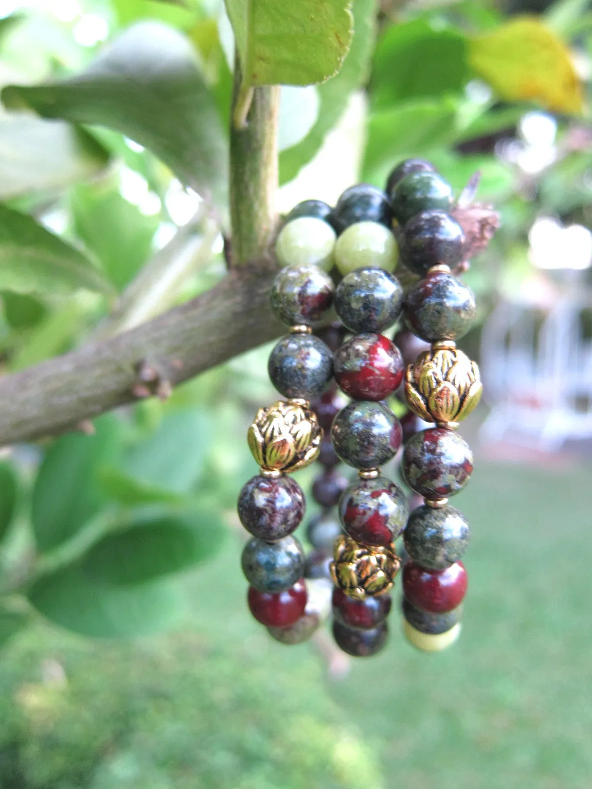 Dragon Bloodstone Lotus Charm Mala Bracelet