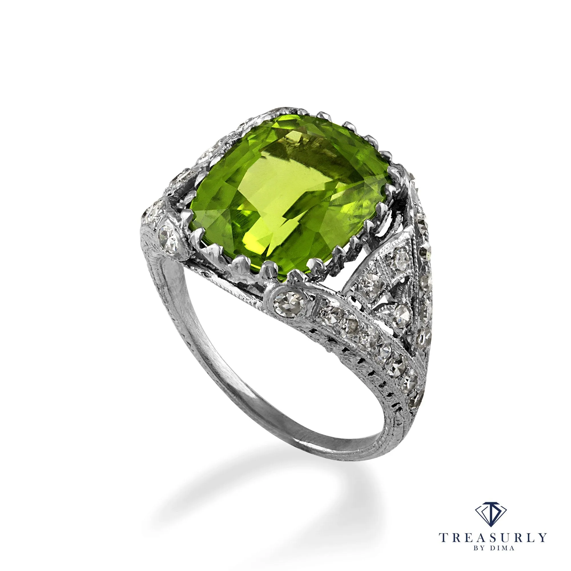 Edwardian GIA 7.87ct PERIDOT & DIAMOND Platinum Antique Vintage Ring