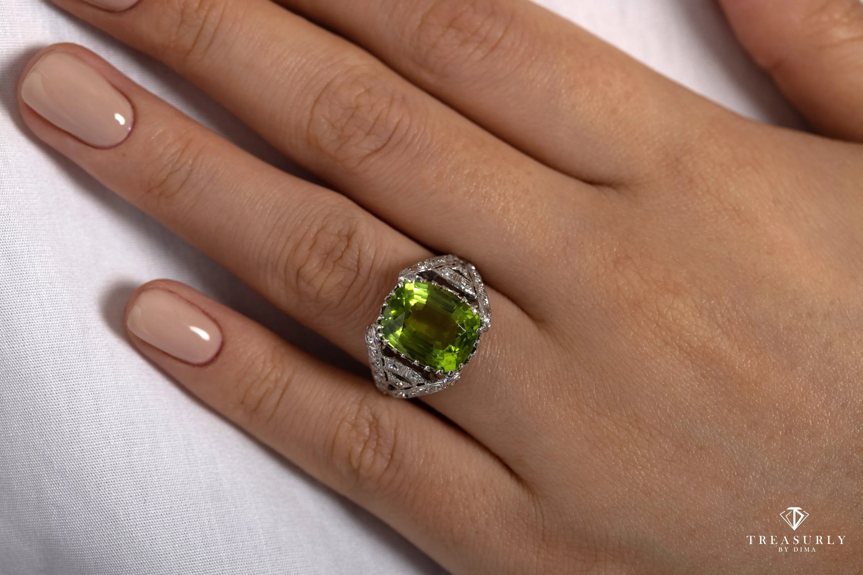 Edwardian GIA 7.87ct PERIDOT & DIAMOND Platinum Antique Vintage Ring