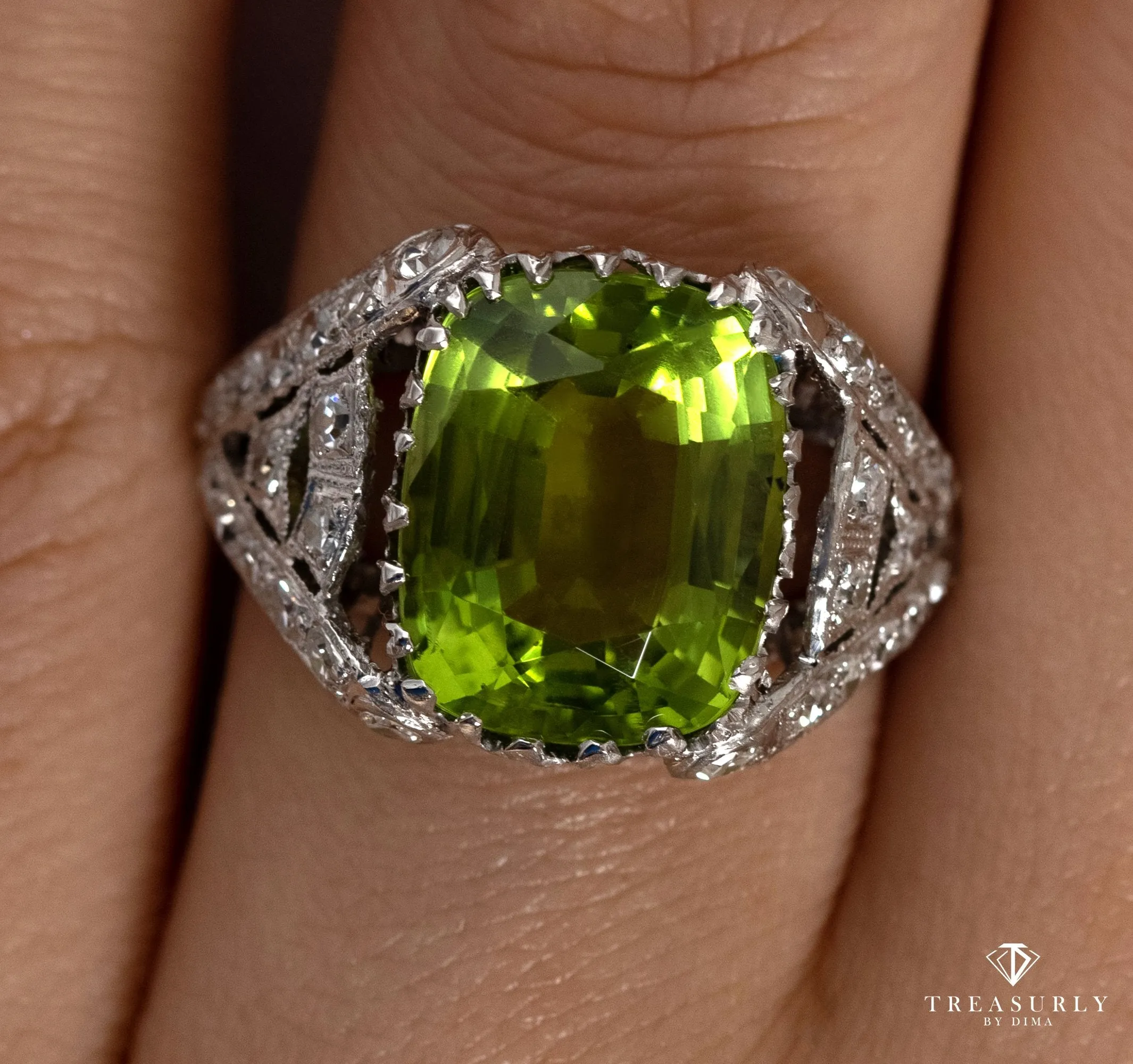 Edwardian GIA 7.87ct PERIDOT & DIAMOND Platinum Antique Vintage Ring