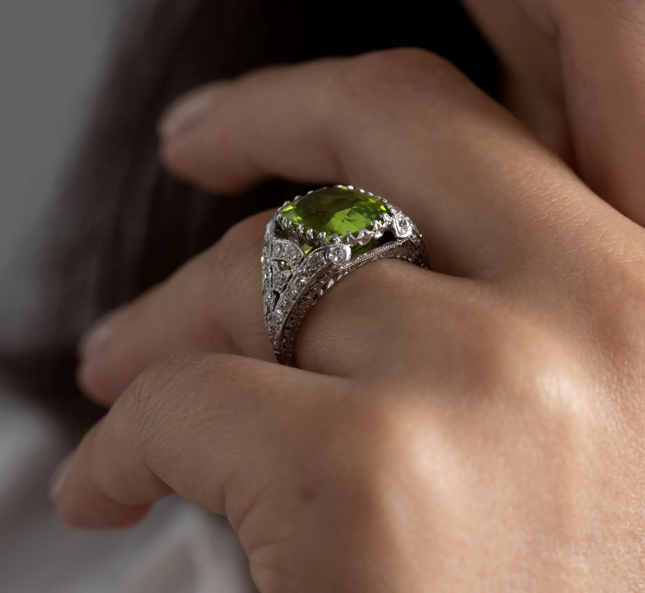 Edwardian GIA 7.87ct PERIDOT & DIAMOND Platinum Antique Vintage Ring