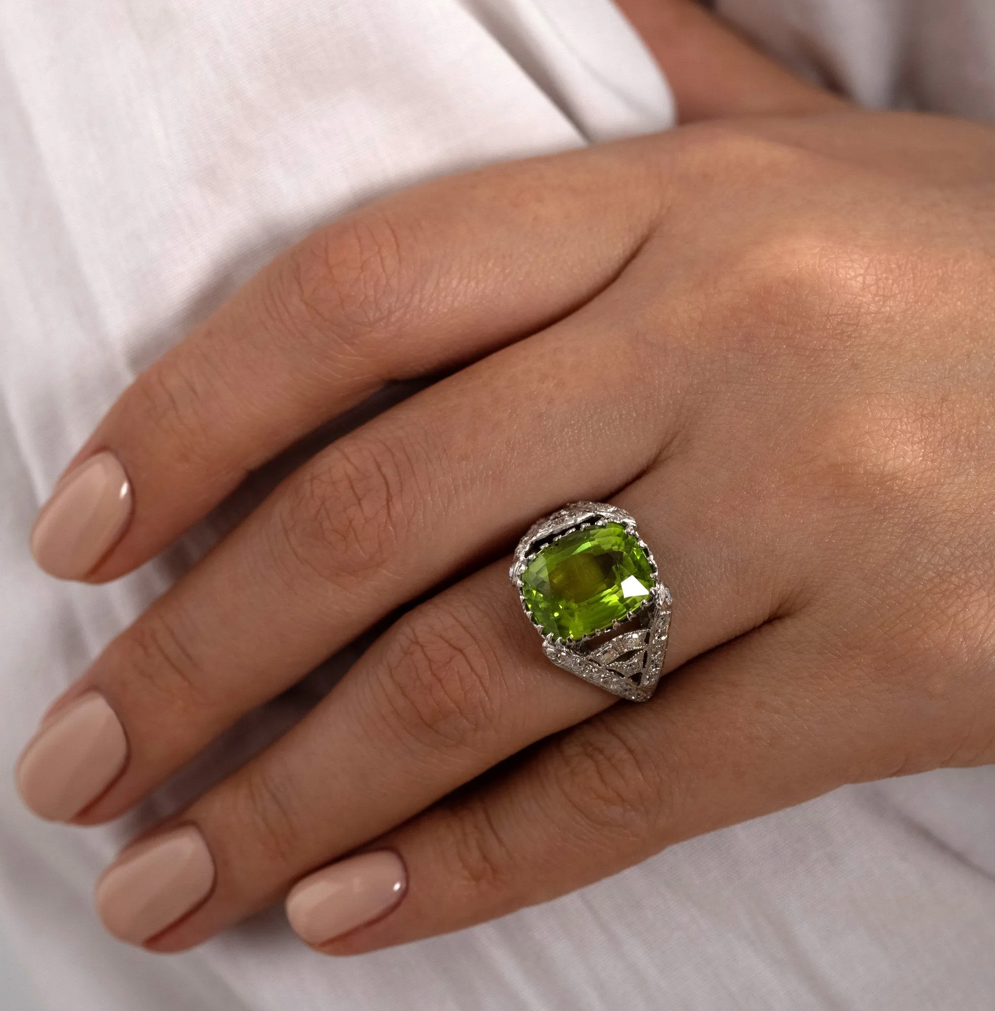 Edwardian GIA 7.87ct PERIDOT & DIAMOND Platinum Antique Vintage Ring