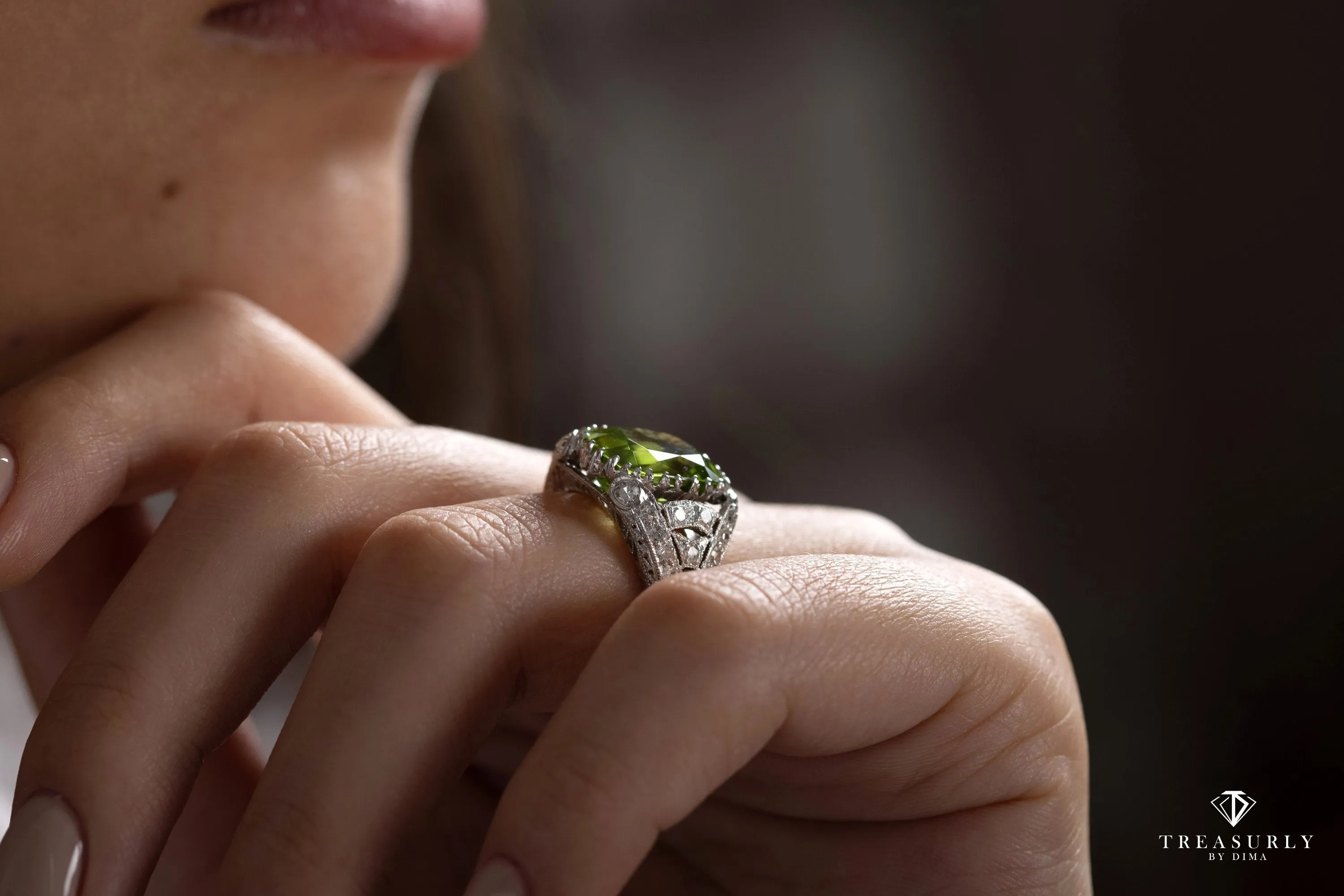 Edwardian GIA 7.87ct PERIDOT & DIAMOND Platinum Antique Vintage Ring