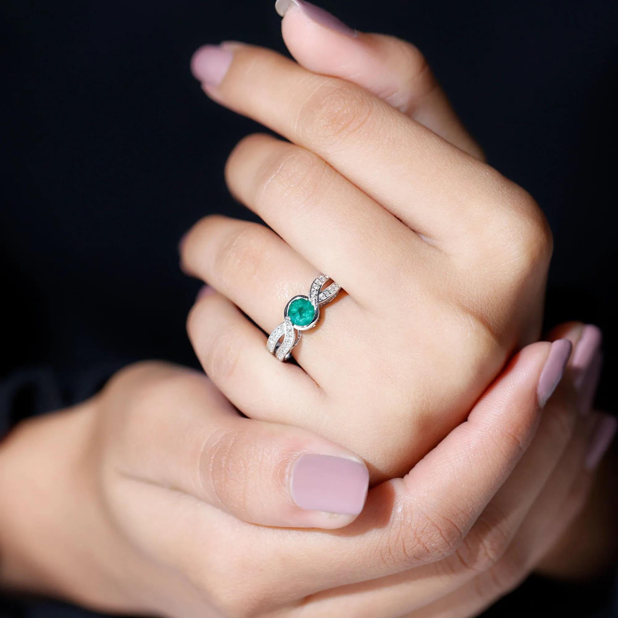 Emerald and Diamond Solitaire Bypass Ring