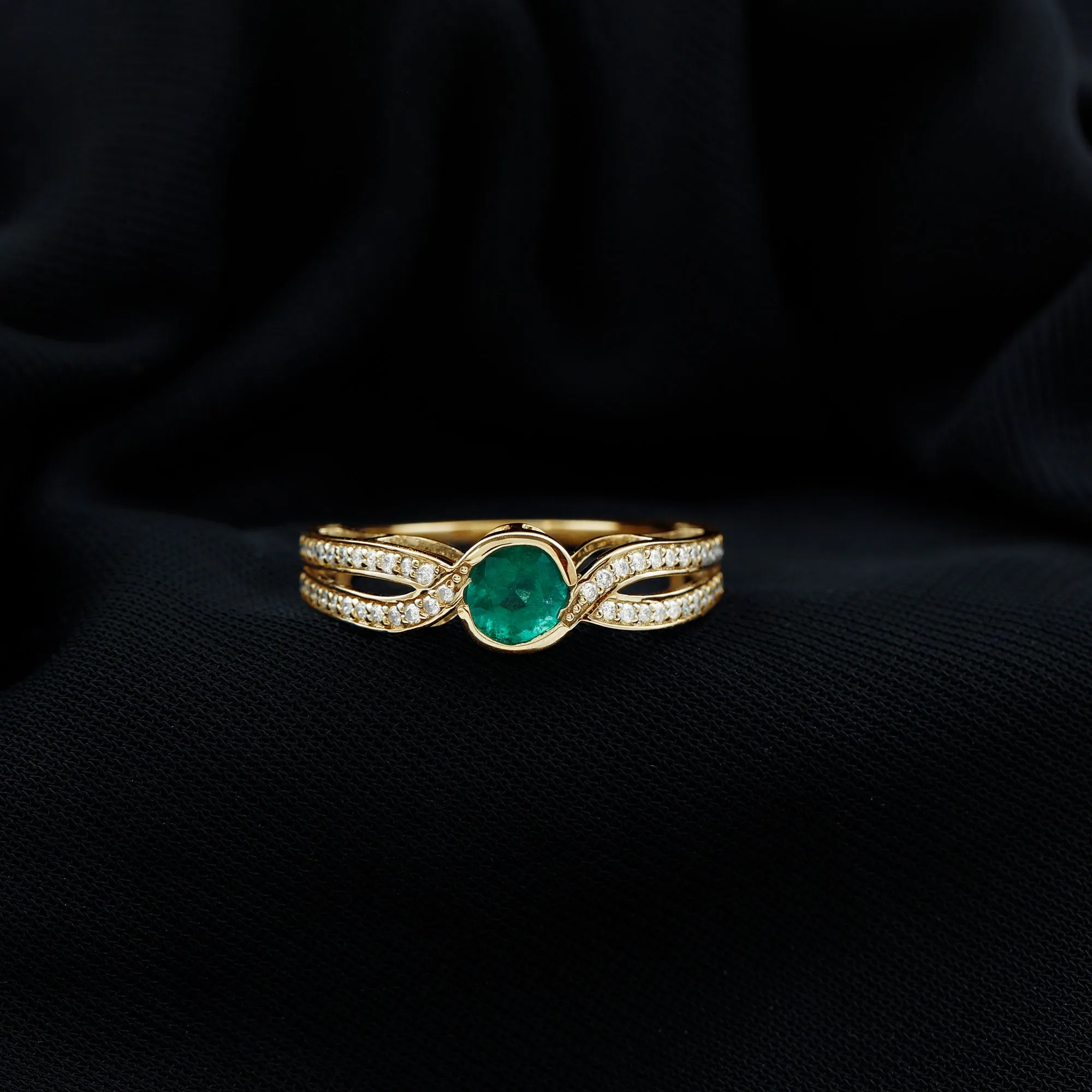 Emerald and Diamond Solitaire Bypass Ring