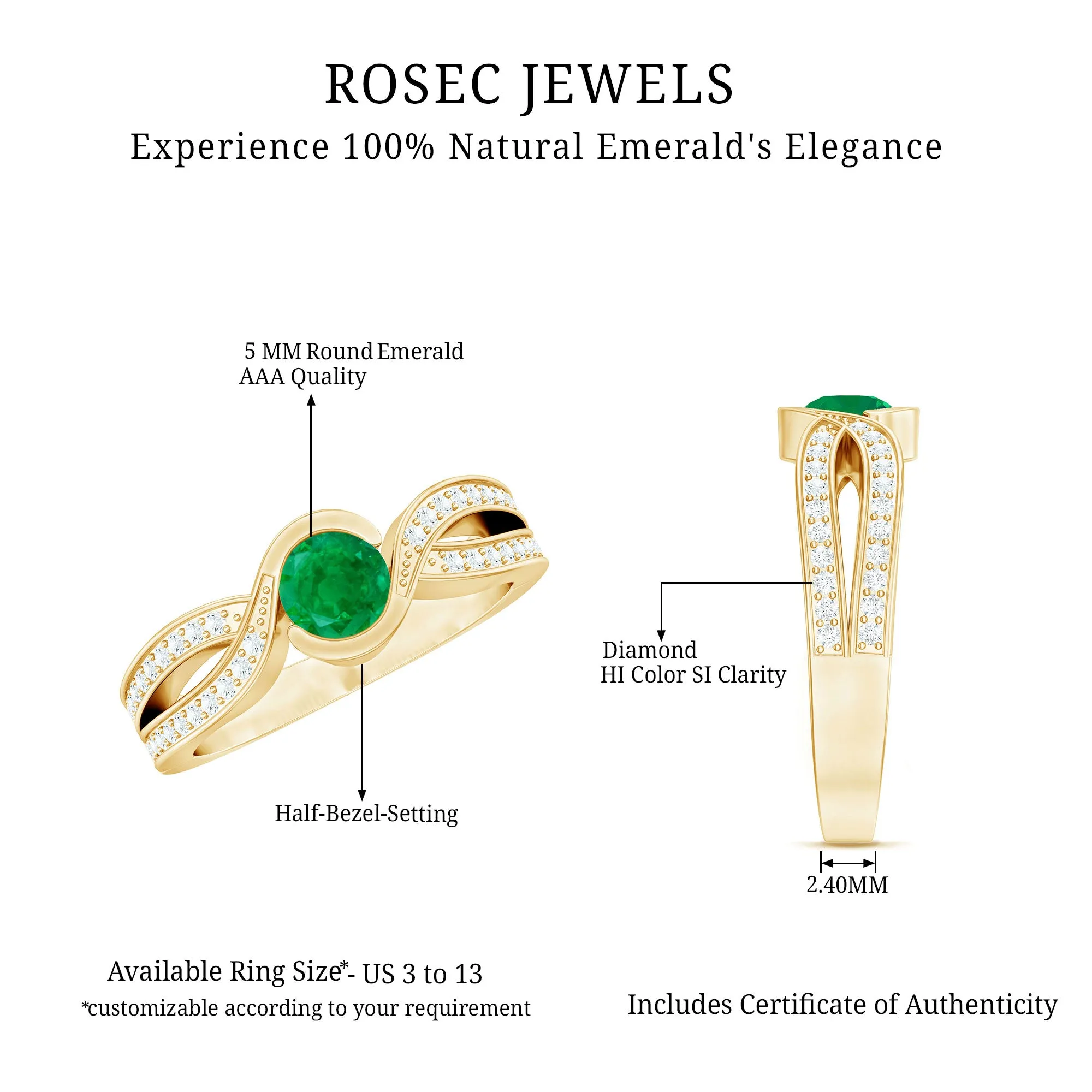 Emerald and Diamond Solitaire Bypass Ring