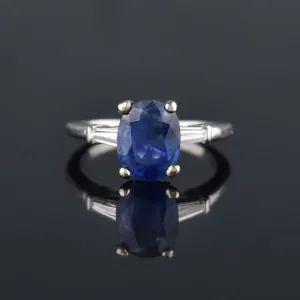 Estate Platinum Natural Sapphire Baguette Diamond Ring