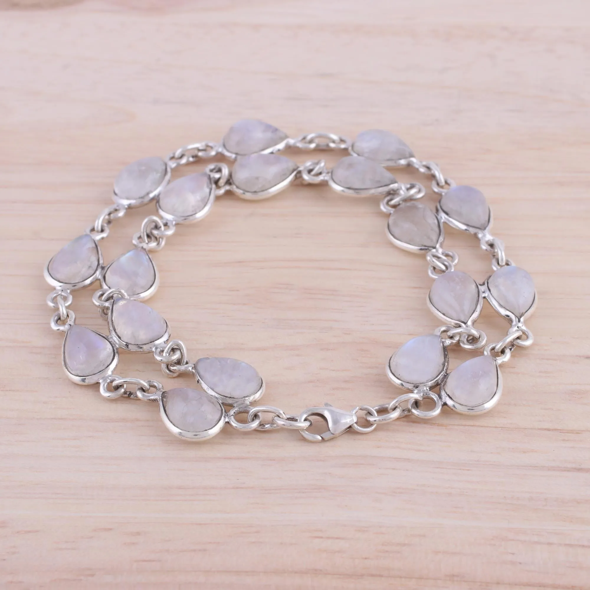 Eternal Nature Rainbow Moonstone and Sterling Silver Link Bracelet