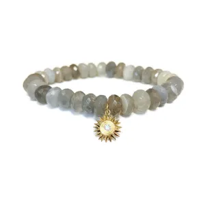 Faceted Grey Moonstone Rondelle Stretch Bracelet with Diamond Fluted Solar Compass Charm