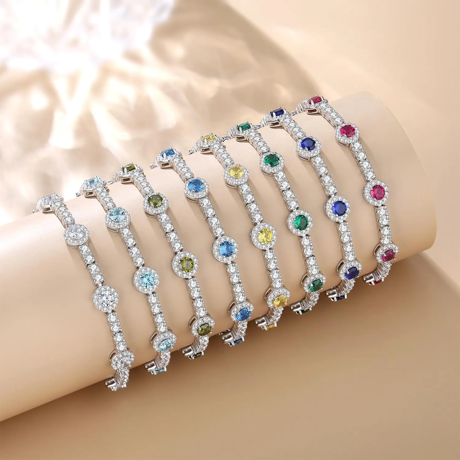 FANCIME "Noble Allure" Birthstone Cubic Zirconia Station Tennis Sterling Silver Bracelet