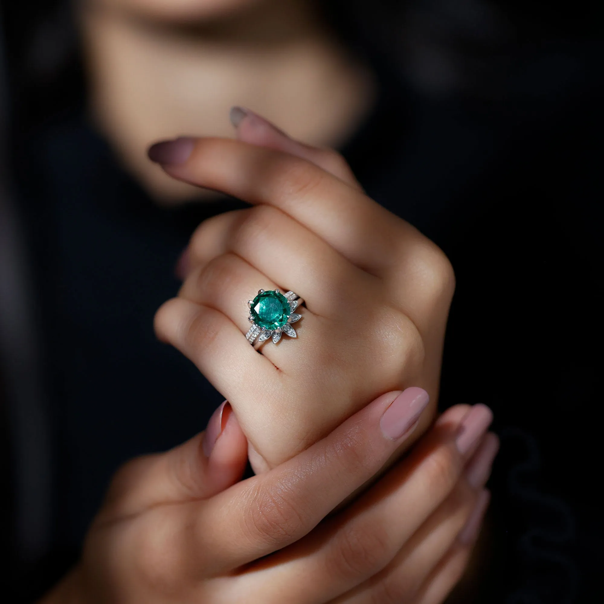 Floral Inspired Lab Grown Emerald Bridal Engagement Ring With Moissanite Enhancer