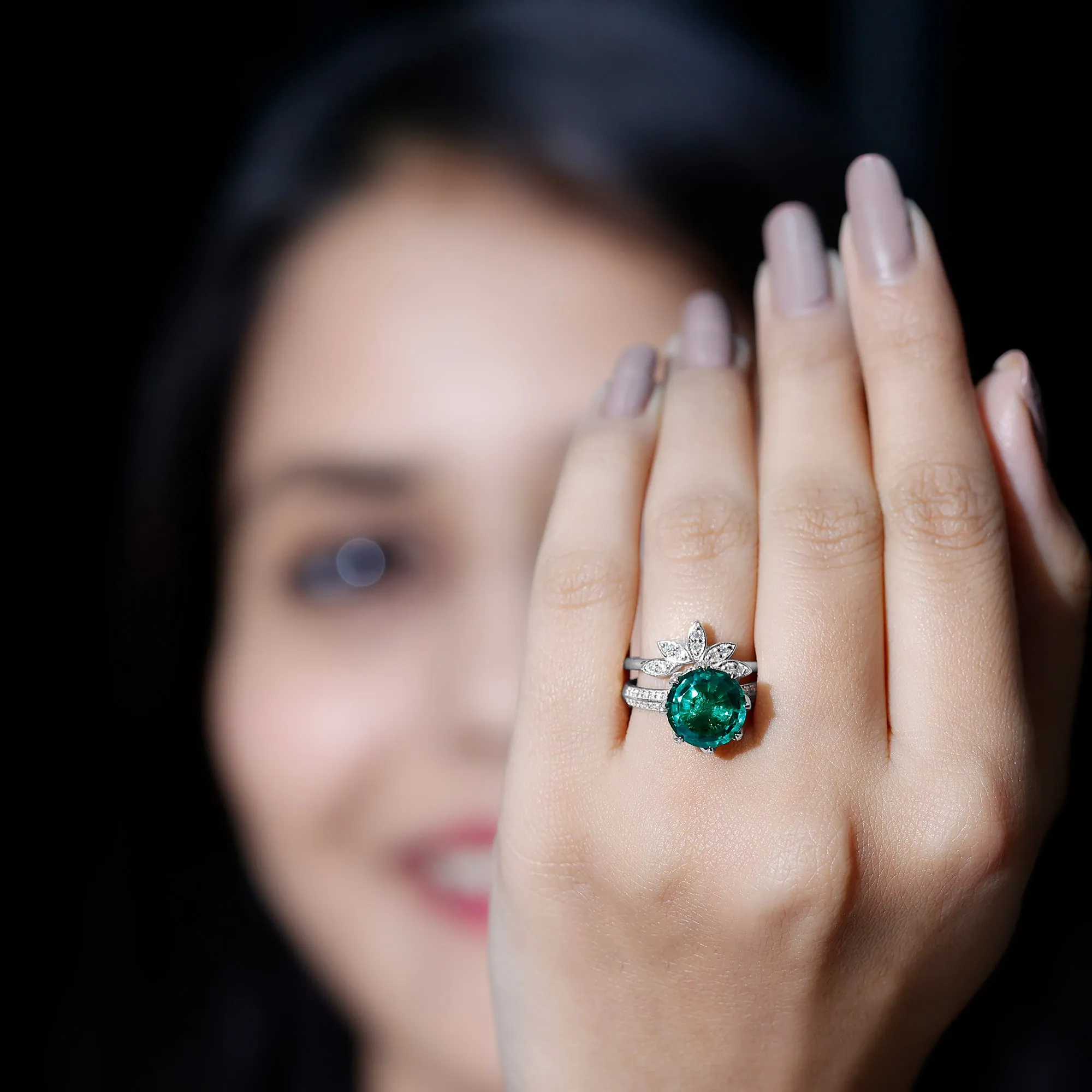 Floral Inspired Lab Grown Emerald Bridal Engagement Ring With Moissanite Enhancer