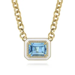 Gabriel 14K Yellow Gold Diamond and Blue Topaz Emerald Cut Necklace with Flower Pattern J-Back and White Enamel NK7471E9Y45BT