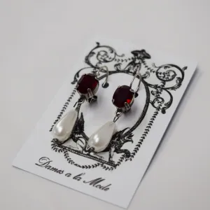 Garnet Swarovski Crystal and Pearl Dangles - Tiny Oval, Small Pearl