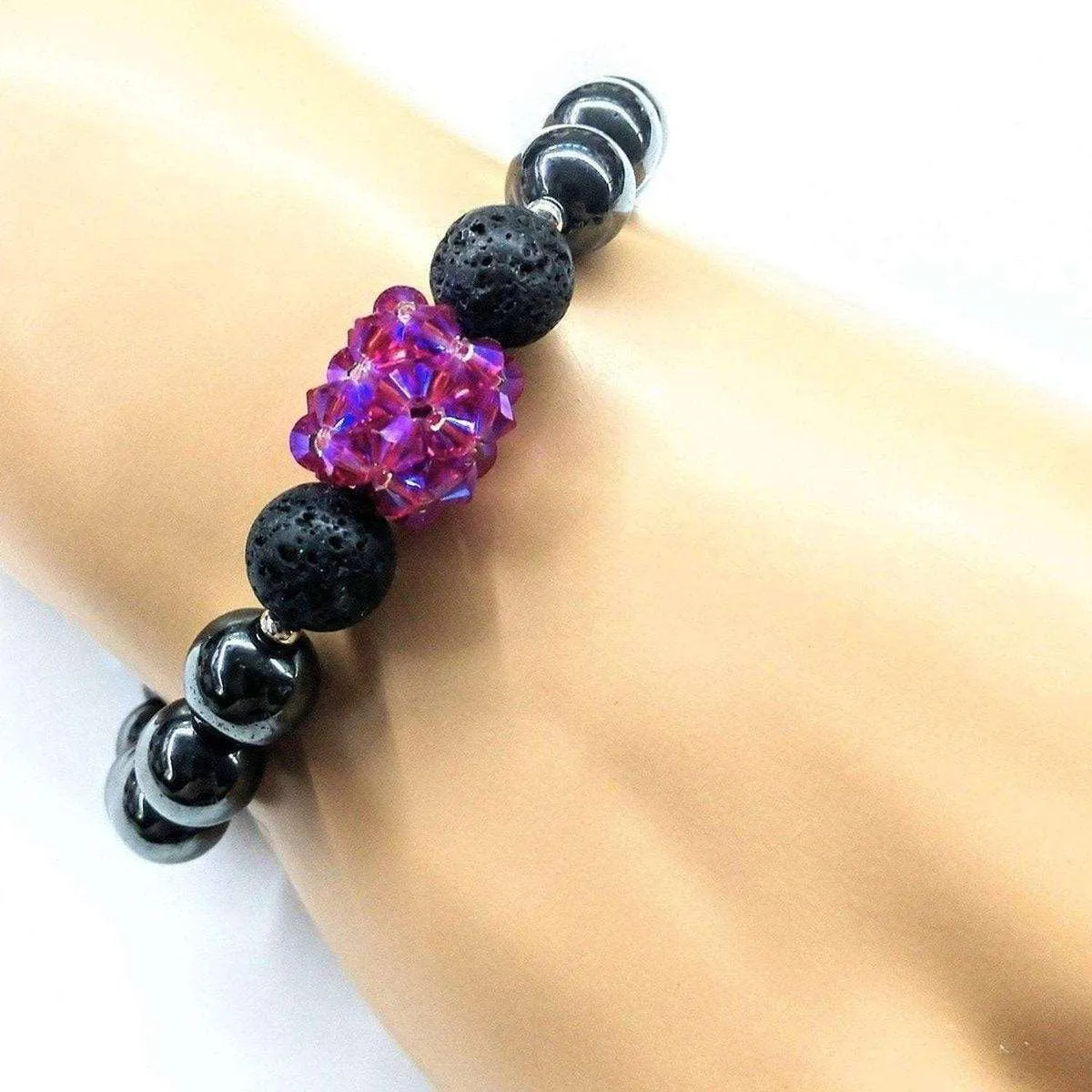 Glamorous Hematite Gemstone Fuchsia Crystal Lava Rock Bracelet