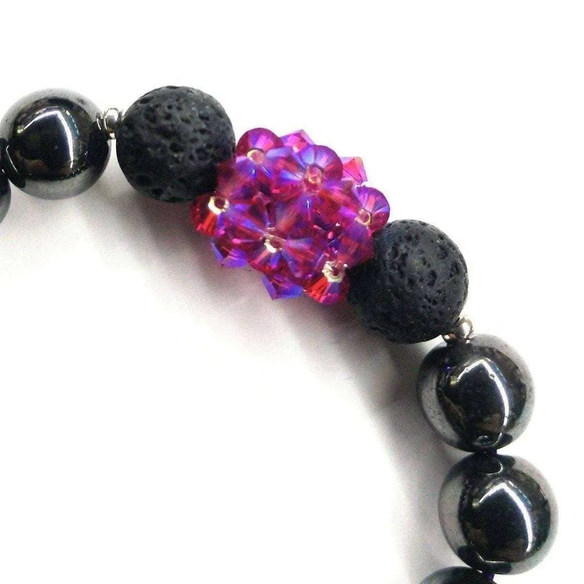 Glamorous Hematite Gemstone Fuchsia Crystal Lava Rock Bracelet