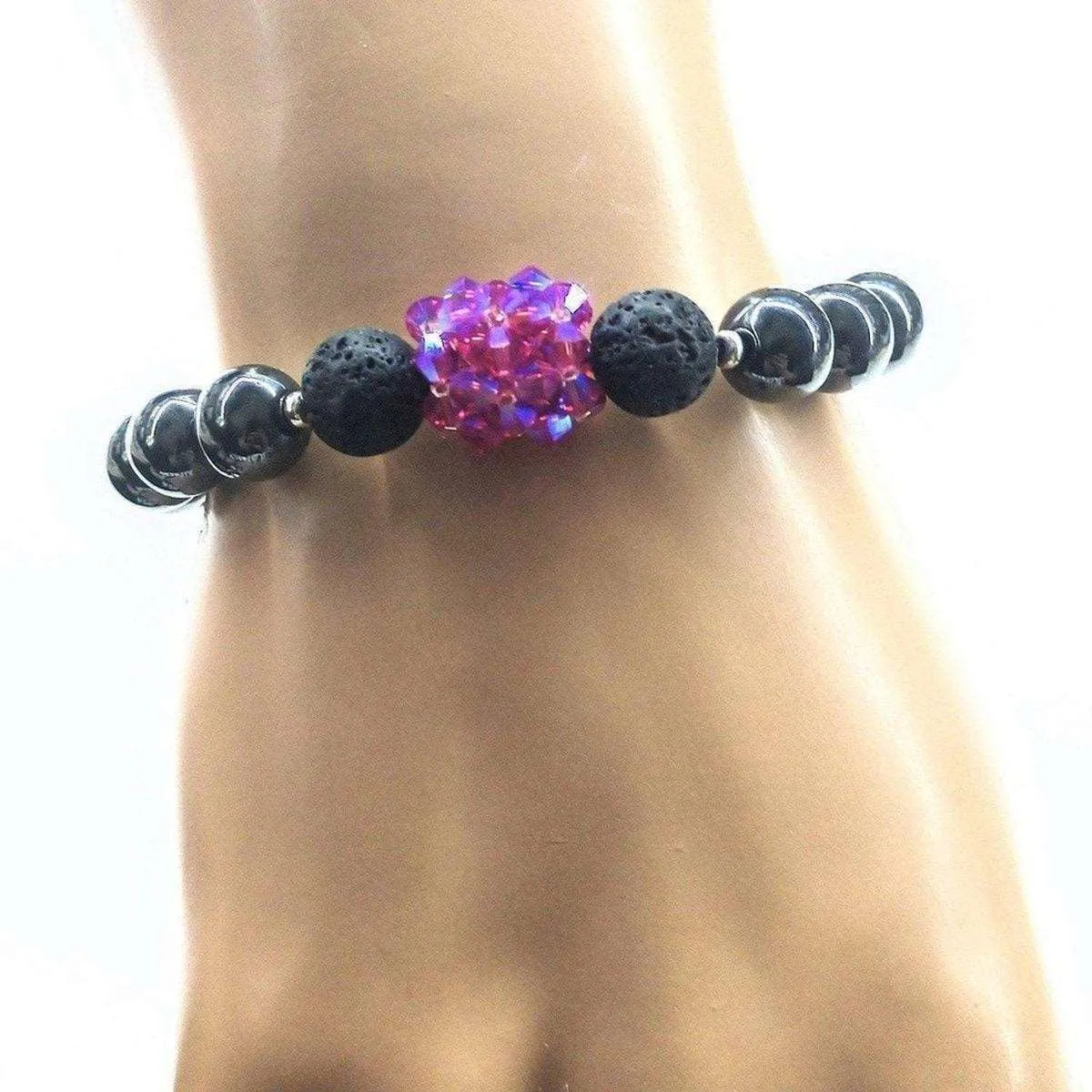 Glamorous Hematite Gemstone Fuchsia Crystal Lava Rock Bracelet