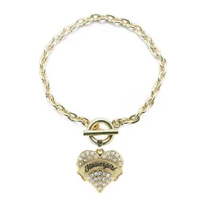 Gold Clear Flower Girl Pave Heart Charm Toggle Bracelet