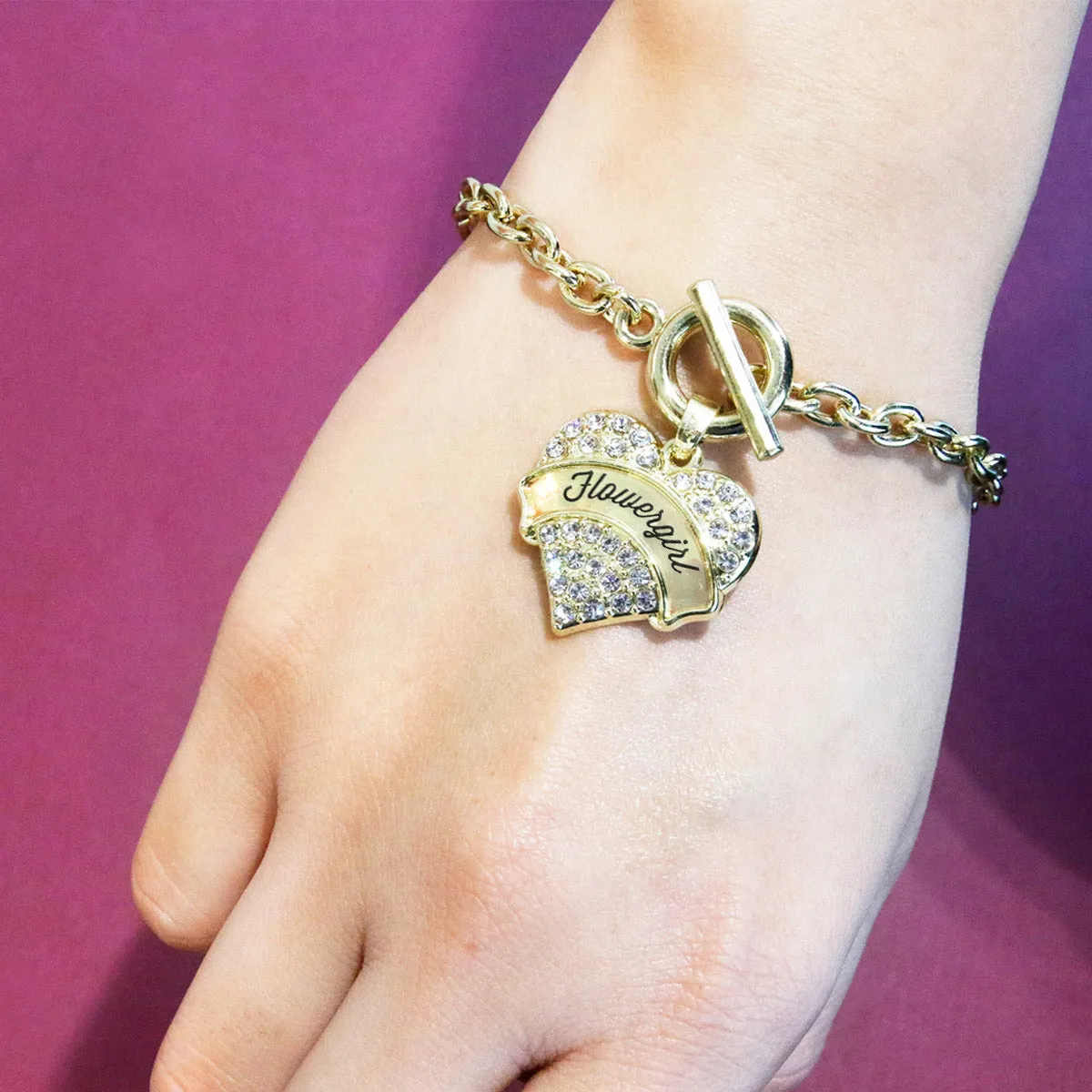 Gold Clear Flower Girl Pave Heart Charm Toggle Bracelet