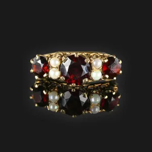 Gold Garnet Seed Pearl Victorian Style Ring